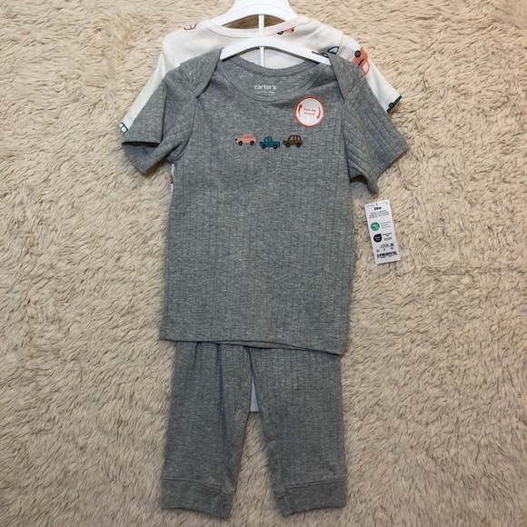 Carter's Baby 3 Piece Set 24 Months White Gray Vehicle Print Ribbed Cars - Picture 1 of 11
